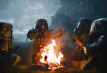 Four armored STALCRAFT: X fighters gather around a fire outside a large structure