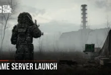A STALCRAFT: X player character stands in a foggy Zone near a tower, tent, and equipment as the image announces a game server launch.