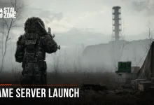 STALCRAFT: X character standing in a foggy Zone beside a camp with the words Game Server Launch
