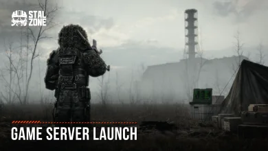 STALCRAFT: X character standing in a foggy Zone beside a camp with the words Game Server Launch