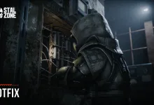 A hooded STALCRAFT: X character works on equipment in a dark industrial room beneath the word Hotfix