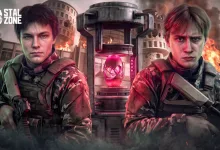 Two STALZONE soldiers stand beside a glowing pink device in a ruined city