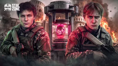 Two STALZONE soldiers stand beside a glowing pink device in a ruined city