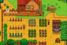 Stardew Valley farm with crops, trees, buildings, and characters in its original 2D pixel-art style