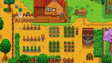 Stardew Valley farm with crops, trees, buildings, and characters in its original 2D pixel-art style