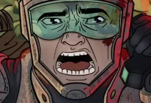 A stylized helmeted character shouts while wearing a large green-tinted visor and red-trimmed armor.