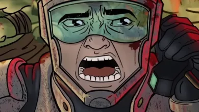 A stylized helmeted character shouts while wearing a large green-tinted visor and red-trimmed armor.