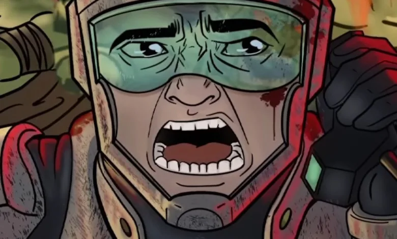 A stylized helmeted character shouts while wearing a large green-tinted visor and red-trimmed armor.