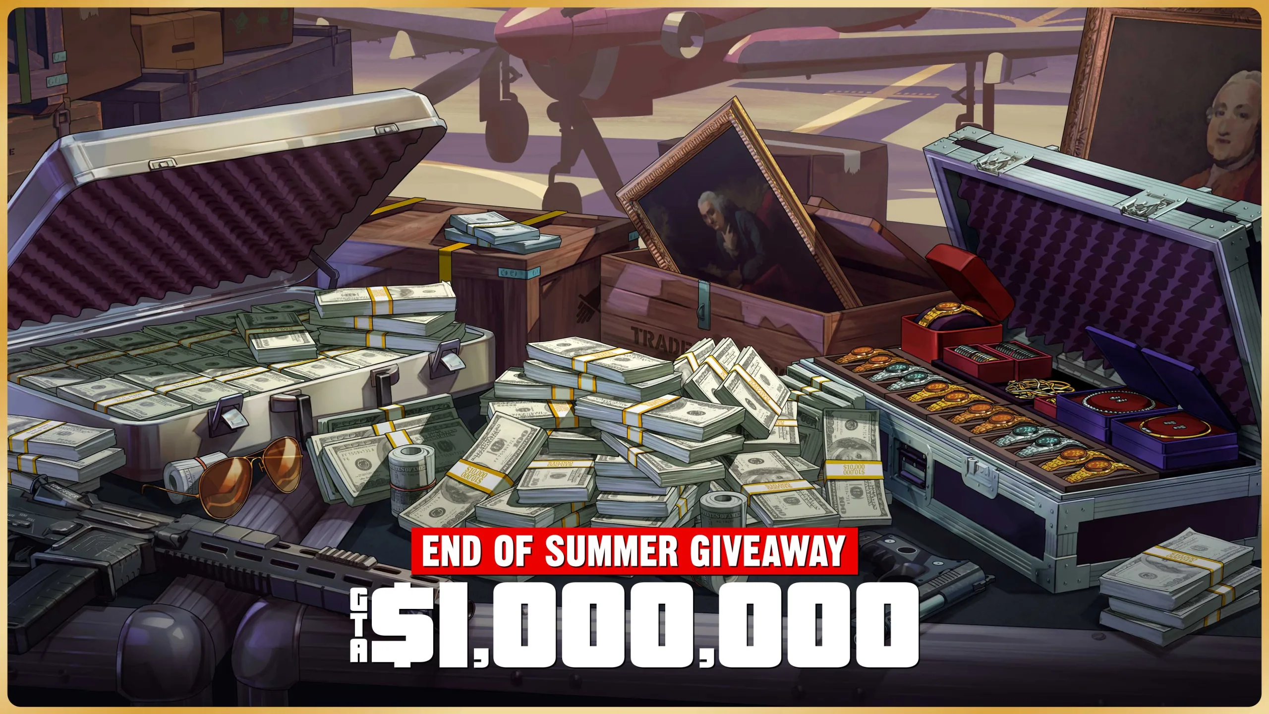 Suitcases filled with cash beside the GTA$1,000,000 End of Summer Giveaway message