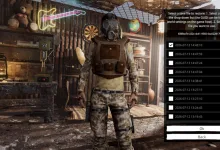 Sunkenland character selection screen showing a save restoration menu with multiple historical save files beside an armored survivor in a workshop