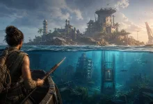 An armed survivor in a small boat faces a fortified island settlement rising above a submerged city in a post-apocalyptic ocean.