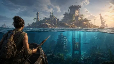 An armed survivor in a small boat faces a fortified island settlement rising above a submerged city in a post-apocalyptic ocean.