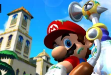 Mario holds the F.L.U.D.D. water pack in Super Mario Sunshine