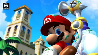 Mario holds the F.L.U.D.D. water pack in Super Mario Sunshine