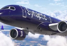 Synaptic Simulations A220 airliner flying above the clouds