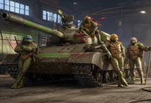 The four Teenage Mutant Ninja Turtles pose around a battle tank inside a workshop.