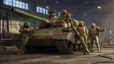 The four Teenage Mutant Ninja Turtles pose around a battle tank inside a workshop.