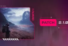 The Alters Patch 2.1.0 graphic with an explorer in a rocky landscape