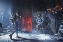 Two Division agents stand in a snowy urban area as a drone flies overhead
