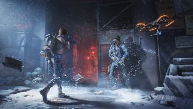 Two Division agents stand in a snowy urban area as a drone flies overhead