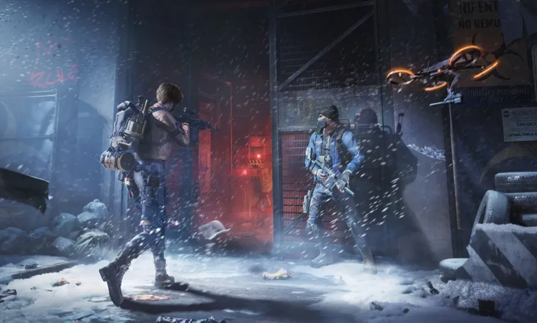 Two Division agents stand in a snowy urban area as a drone flies overhead