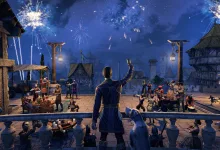 The Elder Scrolls Online character raises a hand as fireworks light up a crowded nighttime celebration