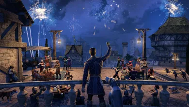 The Elder Scrolls Online character raises a hand as fireworks light up a crowded nighttime celebration