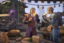 Two Elder Scrolls Online characters eat cheese at a busy market stall