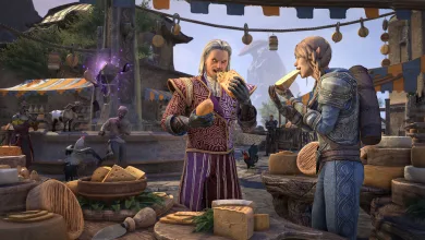 Two Elder Scrolls Online characters eat cheese at a busy market stall