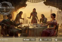 Elder Scrolls Online characters gathered around a table beneath the game's logo and patch notes label