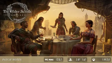 Elder Scrolls Online characters gathered around a table beneath the game's logo and patch notes label