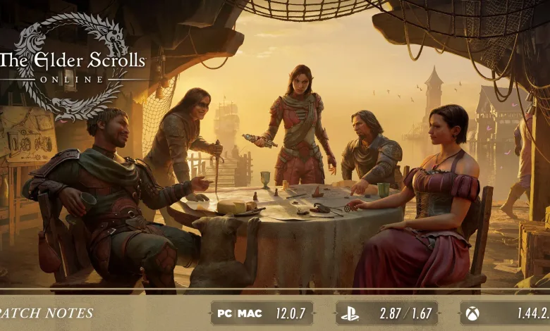 Elder Scrolls Online characters gathered around a table beneath the game's logo and patch notes label