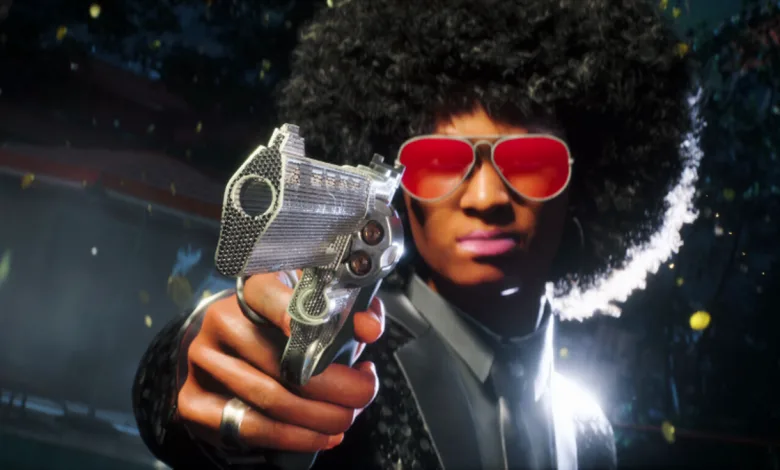 A contestant wearing red sunglasses aims a silver pistol in The Finals.