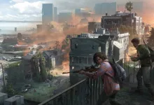 Two armed survivors stand on a rooftop overlooking a damaged city
