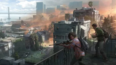 Two armed survivors stand on a rooftop overlooking a damaged city