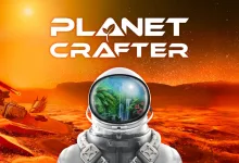 An astronaut stands in an orange alien landscape with green vegetation visible through the helmet visor, beneath The Planet Crafter logo.