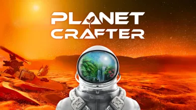An astronaut stands in an orange alien landscape with green vegetation visible through the helmet visor, beneath The Planet Crafter logo.