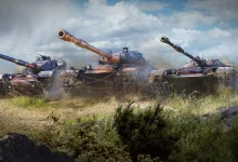 Three World of Tanks tanks advancing across a grassy battlefield beneath a cloudy sky