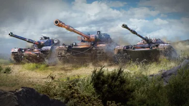 Three World of Tanks tanks advancing across a grassy battlefield beneath a cloudy sky