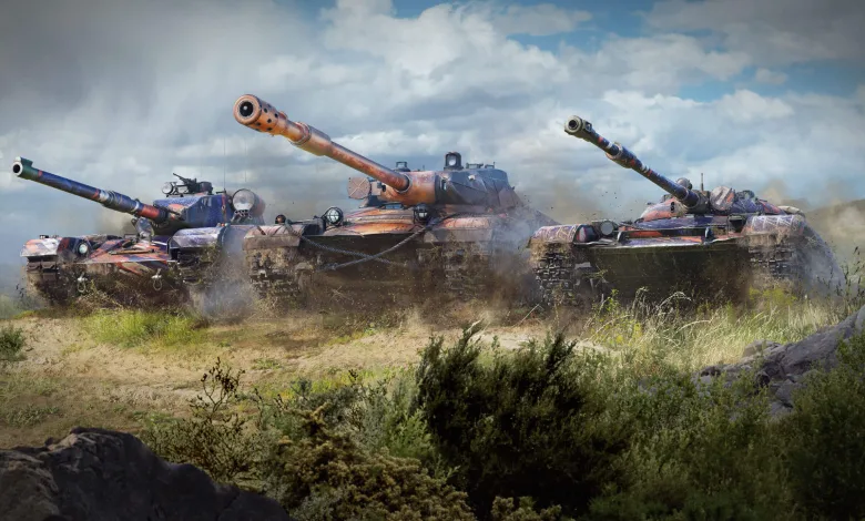 Three World of Tanks tanks advancing across a grassy battlefield beneath a cloudy sky