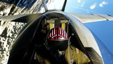 A fighter pilot wearing a Maverick helmet inside a cockpit above Earth