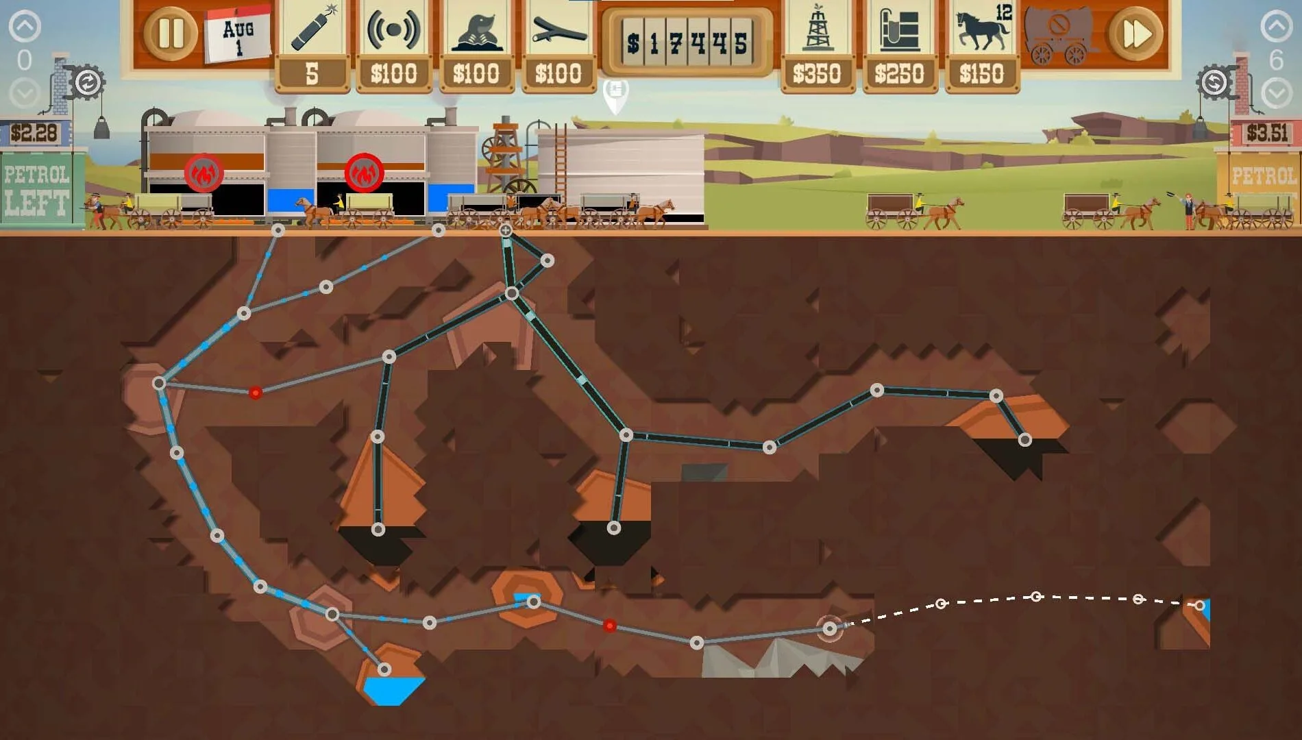 Turmoil gameplay showing oil fields and underground routes