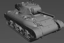 Gray 3D model of the unfinished M7 medium tank viewed from the front left