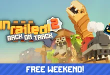 Unrailed 2: Back on Track characters and train beneath the game logo and Free Weekend text