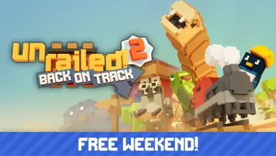 Unrailed 2: Back on Track characters and train beneath the game logo and Free Weekend text