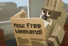 Voxel-style Unrailed 2 character holding a sign that reads “Now: Free Weekend!”