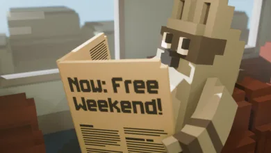 Voxel-style Unrailed 2 character holding a sign that reads “Now: Free Weekend!”