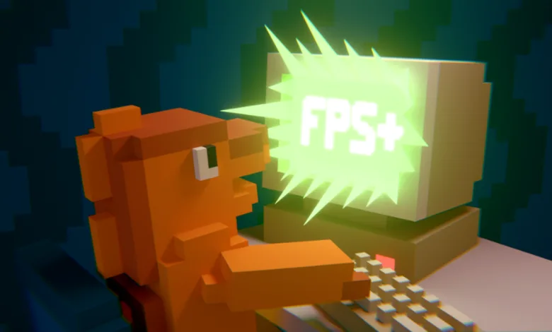 A voxel-style orange character sits at a computer displaying “FPS+” in bright green text.
