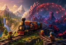 Stylized railroad construction scene with a small steam train, worker characters, branching tracks, mountain scenery, and a glowing red network overlay.