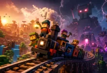 A small train carrying a crew travels along elevated tracks through colorful voxel landscapes as lightning and a giant robot loom in the background.